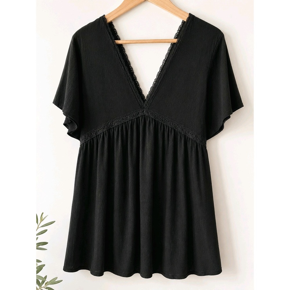 Asos Design Black Crinckle Crepe Lace  V-Neck Oversized Mini Dress Size 8